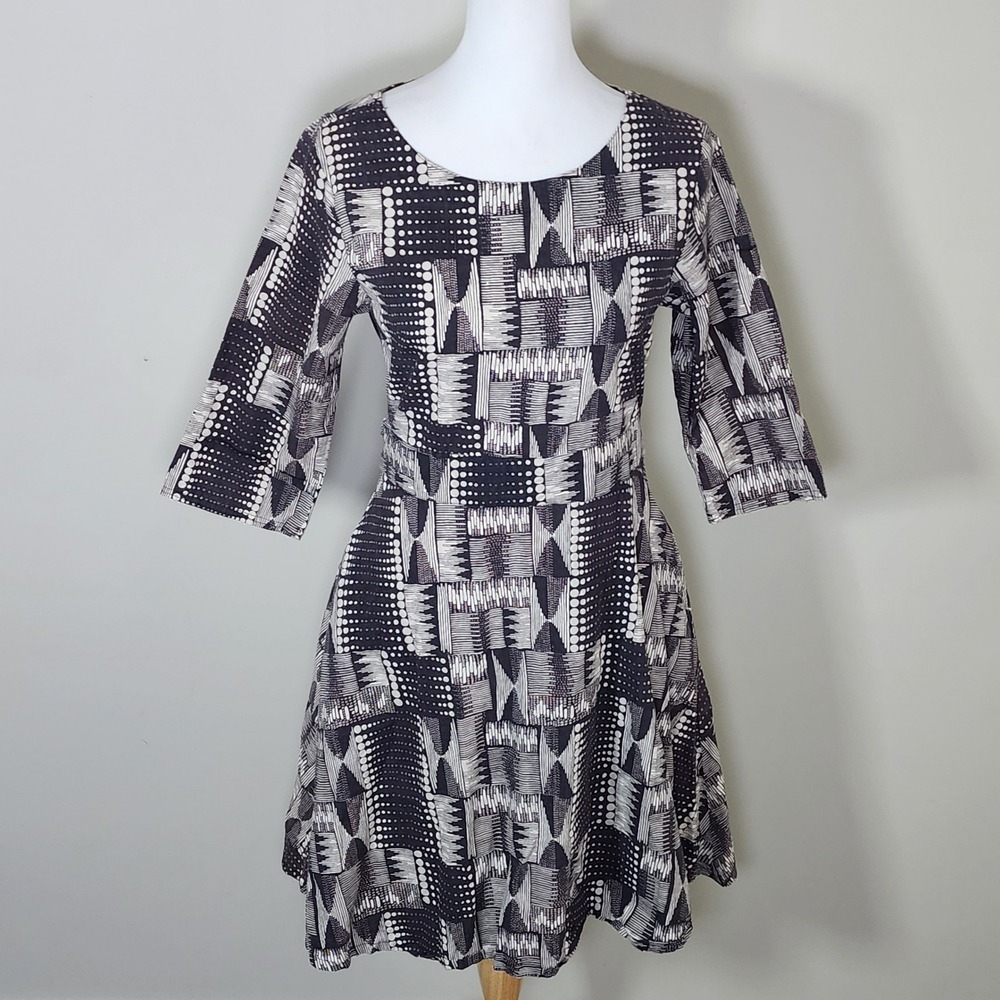 Mata Traders Cotton Geometric Print Dress Womens Small Black White Flare Pockets